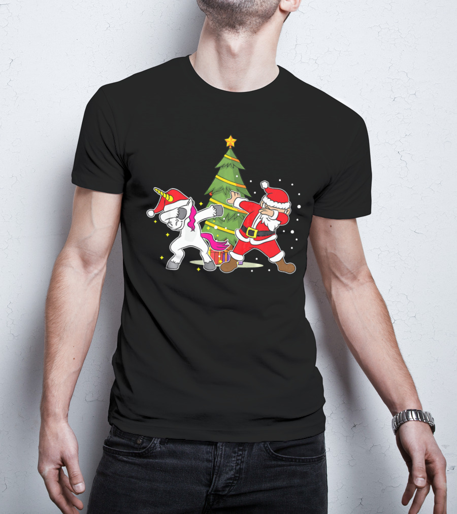 Dabbing Unicorn Xmas Christmas Santa Dance By Tree T-Shirt