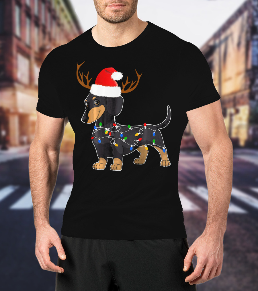 Dachshund Christmas Reindeer With Santa Hat And Holiday Lights T-Shirt