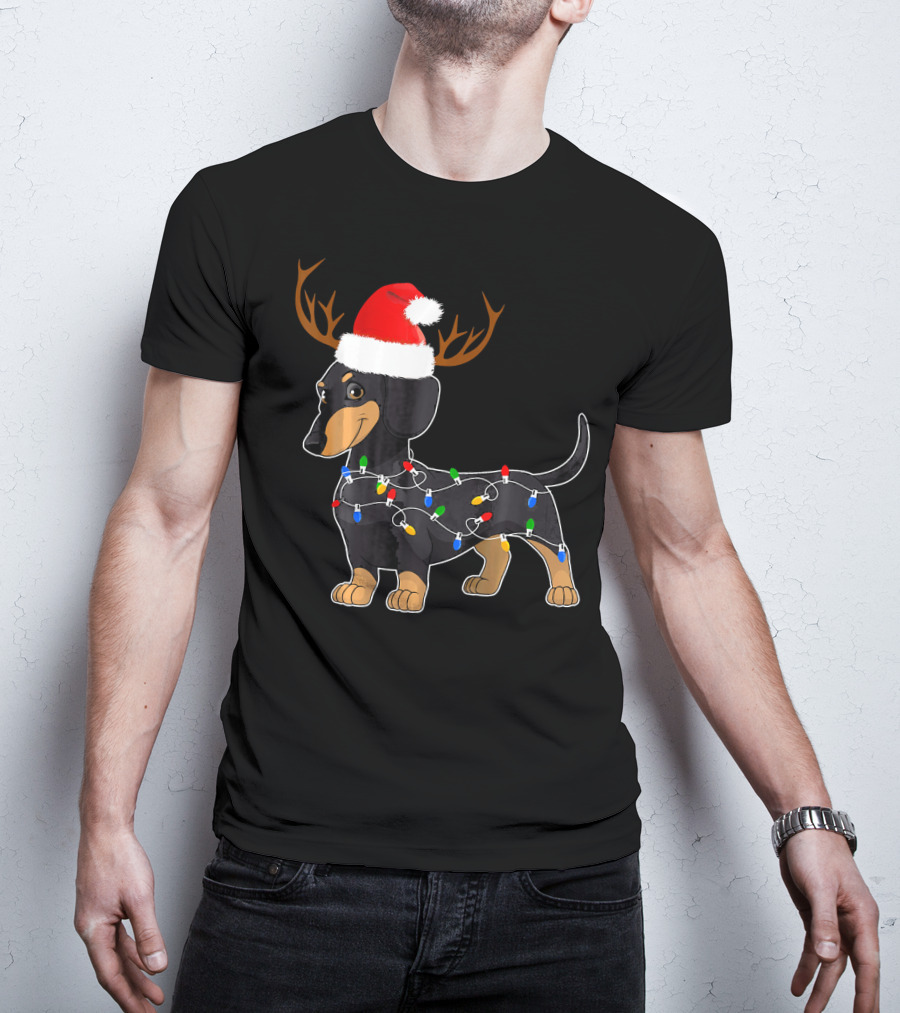 Dachshund Christmas Reindeer With Santa Hat And Holiday Lights T-Shirt