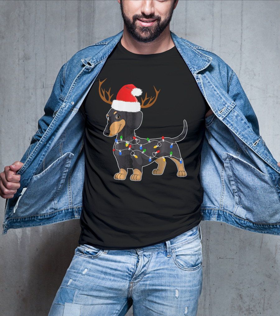 Dachshund Christmas Reindeer With Santa Hat And Holiday Lights T-Shirt