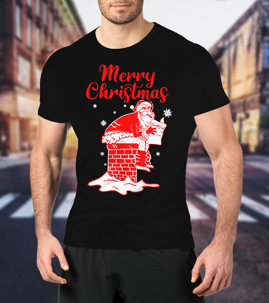 Merry Christmas Santa Pooping Naughty List Snowflakes Chimney T-Shirt