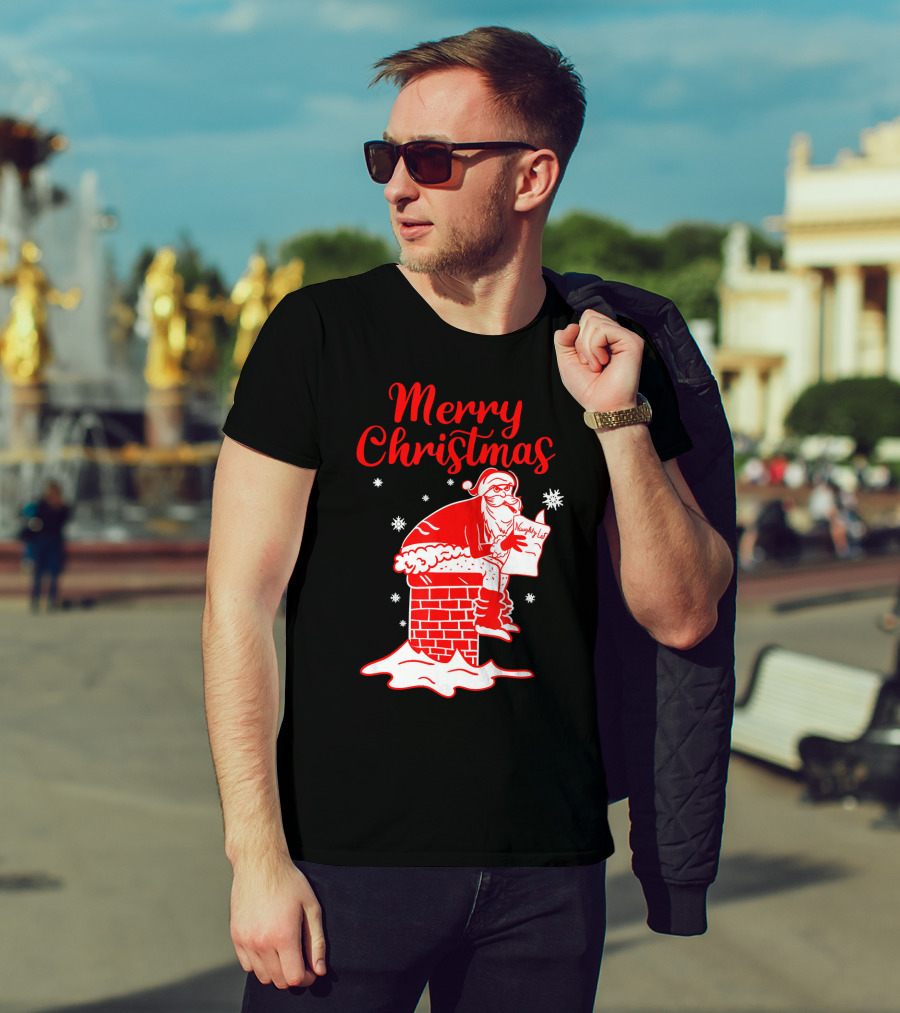 Merry Christmas Santa Pooping Naughty List Snowflakes Chimney T-Shirt