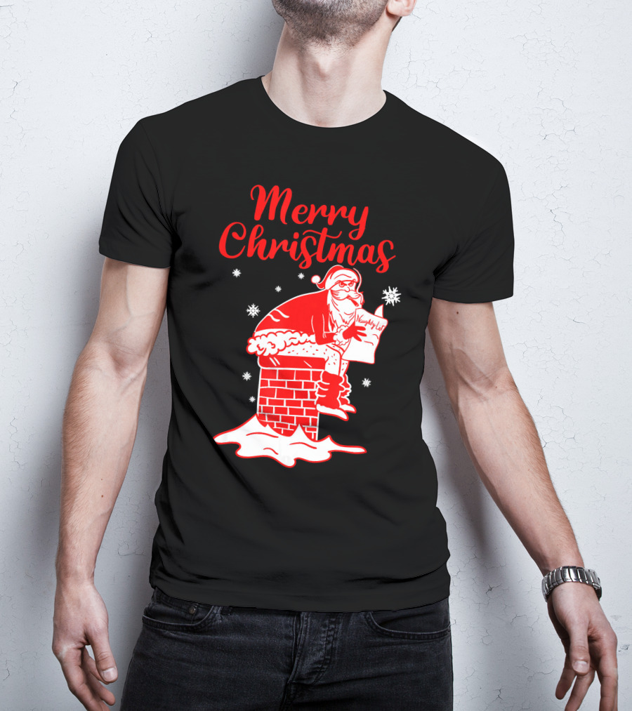 Merry Christmas Santa Pooping Naughty List Snowflakes Chimney T-Shirt