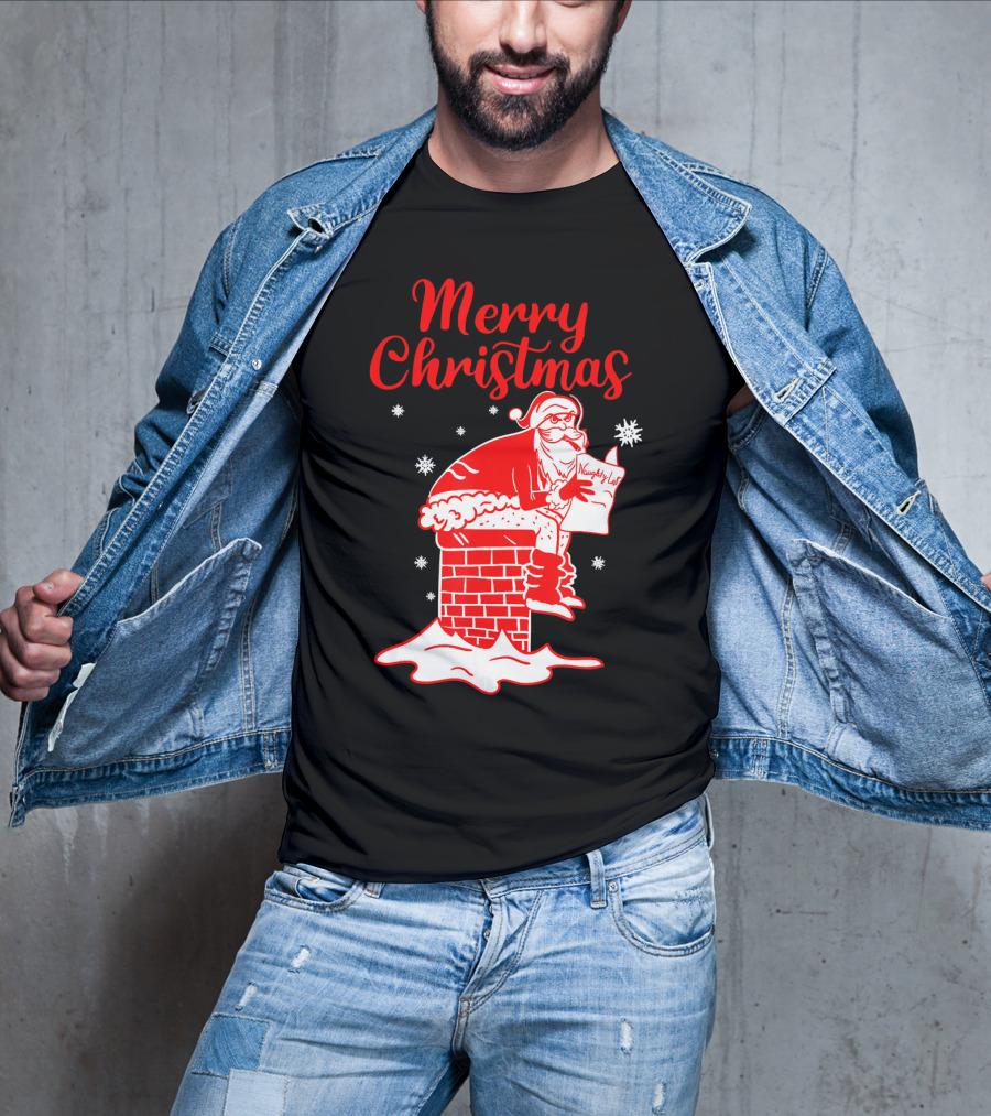 Merry Christmas Santa Pooping Naughty List Snowflakes Chimney T-Shirt