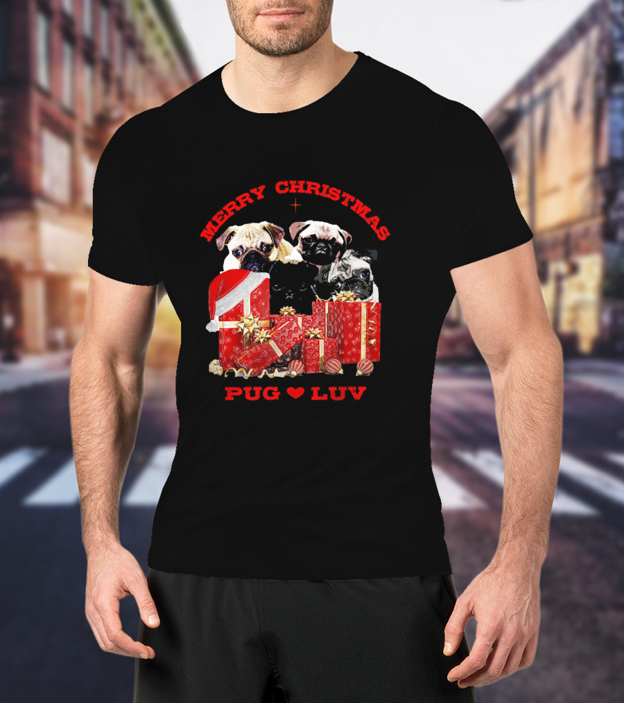 Merry Christmas Pug Luv With Pug Dogs And Gifts T-Shirt