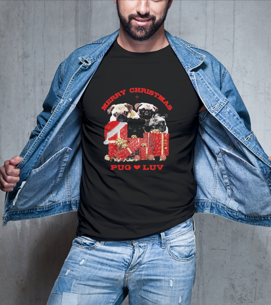 Merry Christmas Pug Luv With Pug Dogs And Gifts T-Shirt