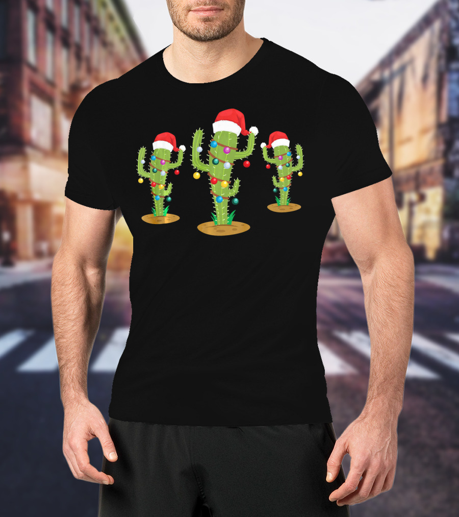 Festive Christmas Cacti With Santa Hats And Lights T-Shirt