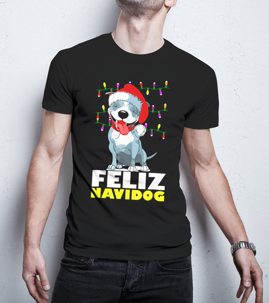 Feliz Navidog Pitbull In Santa Hat With Christmas Lights T-Shirt
