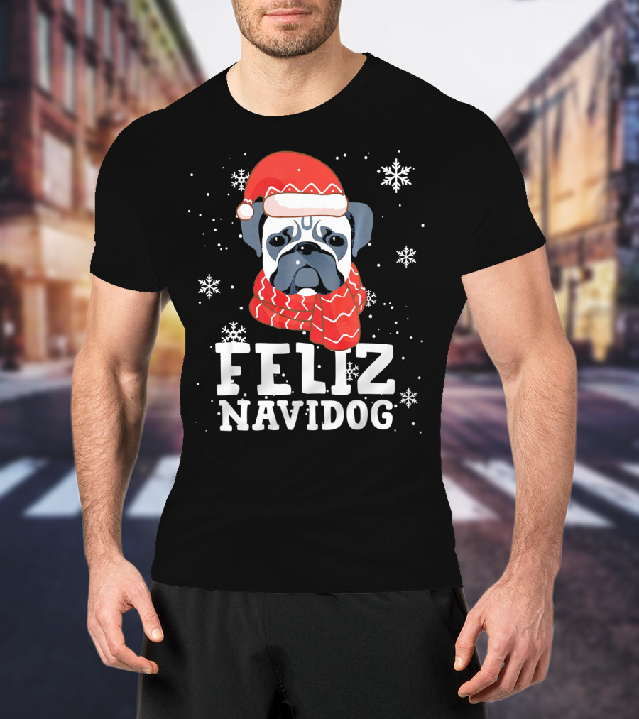 Feliz Navidog Pug Dog With Santa Hat And Scarf Snowflakes T-Shirt