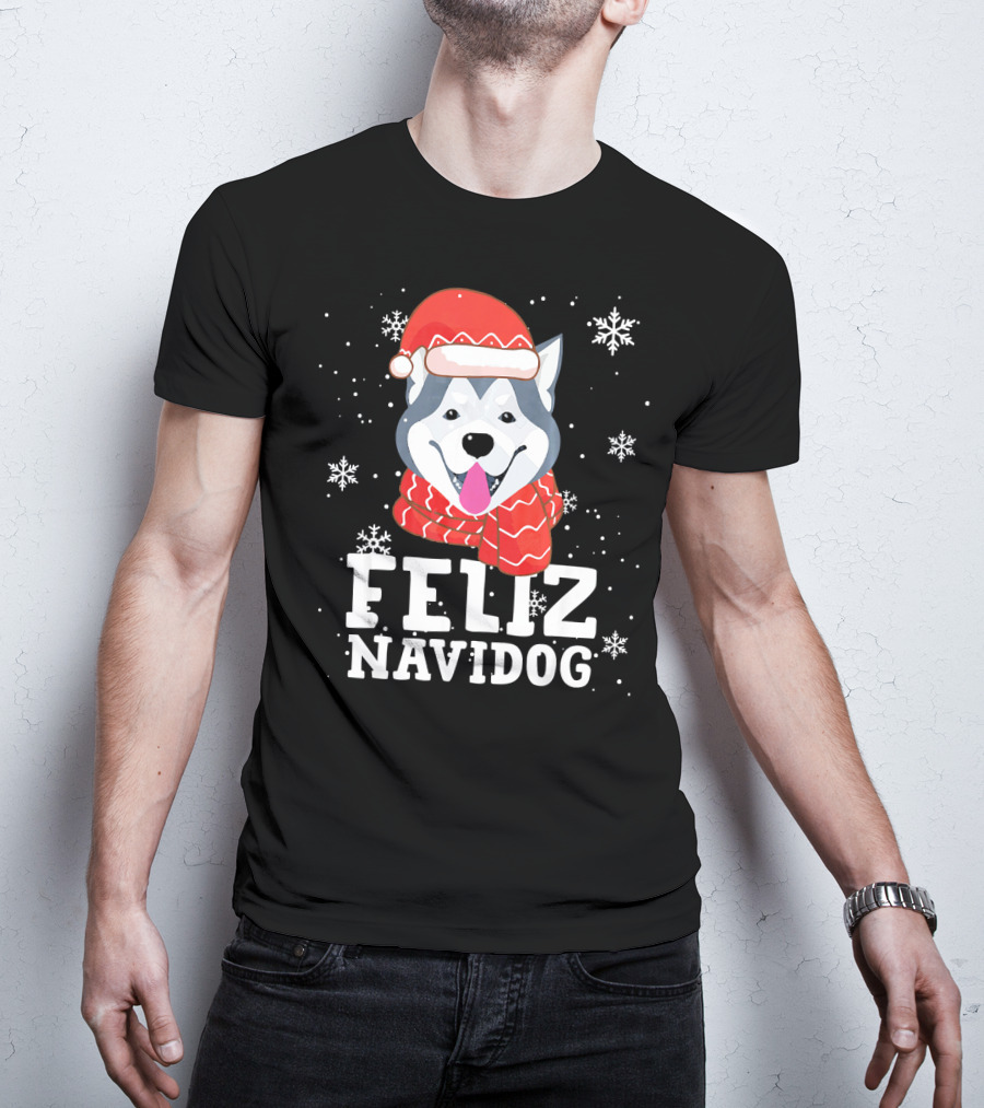 Feliz Navidog Husky Siberian Dog Festive Holiday Santa Hat And Snowflakes T-Shirt