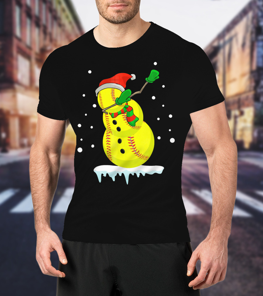 Dabbing Snowman Softball Christmas Fun T-Shirt