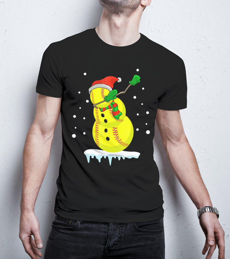 Dabbing Snowman Softball Christmas Fun T-Shirt