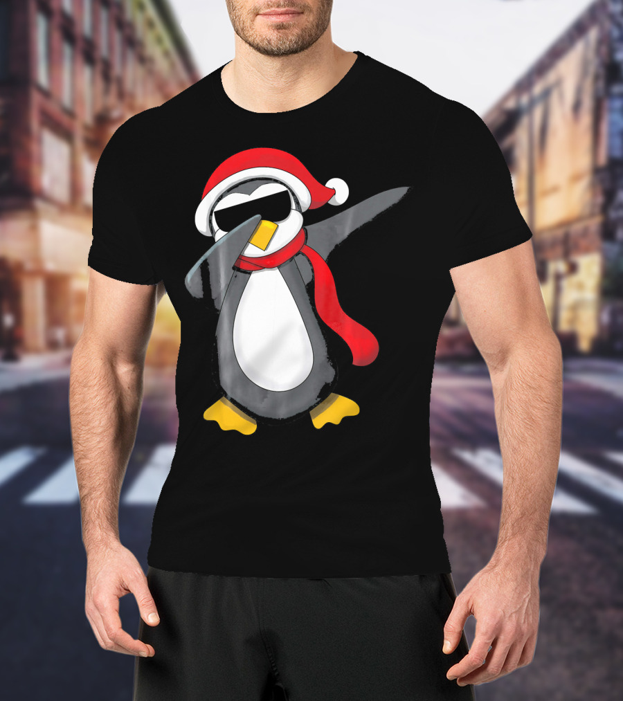 Dabbing Penguin Christmas Mornin Santa Hat Scarf Holiday Fun T-Shirt
