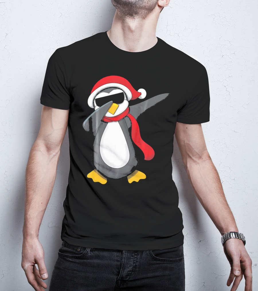 Dabbing Penguin Christmas Mornin Santa Hat Scarf Holiday Fun T-Shirt