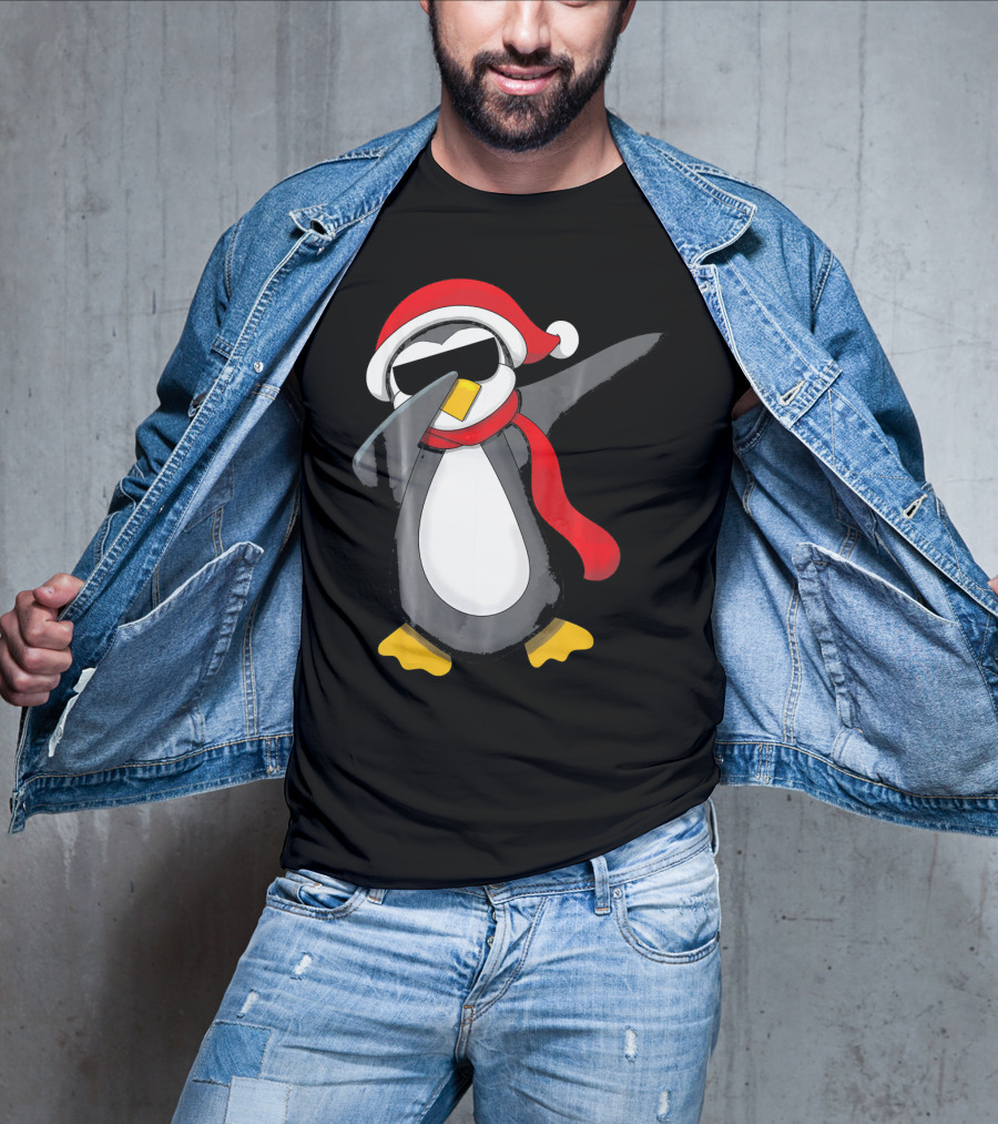 Dabbing Penguin Christmas Mornin Santa Hat Scarf Holiday Fun T-Shirt