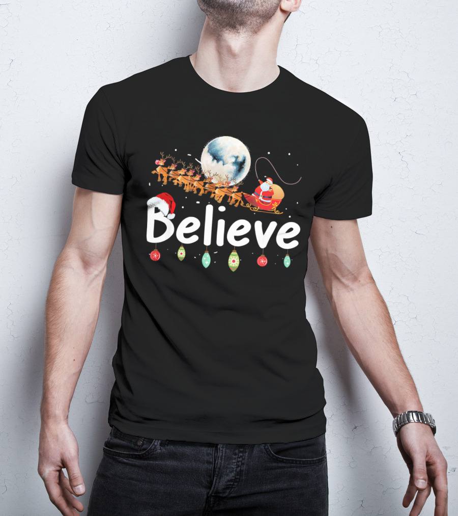 Believe Santa Sleigh Reindeer Moon Christmas Xmas T-Shirt