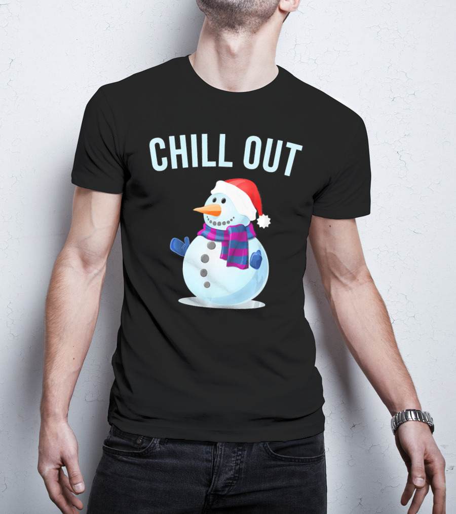 Chill Out Snowman Santa Hat And Scarf Winter Vibes T-Shirt
