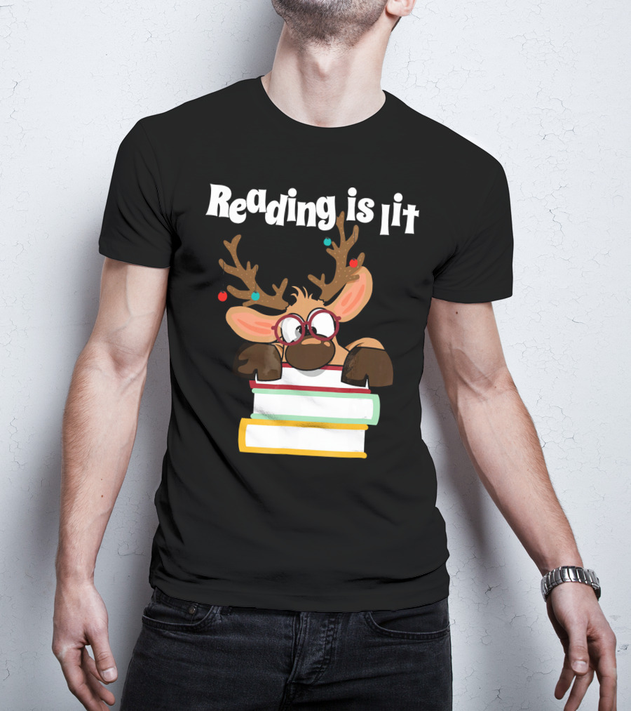 Reading Is Lit Reindeer With Books And Glasses T-Shirt