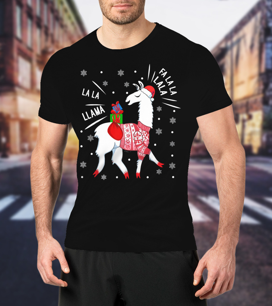 Fa La La Fa La La La La Llama Christmas Santa Hat Sweater Snowflakes T-Shirt