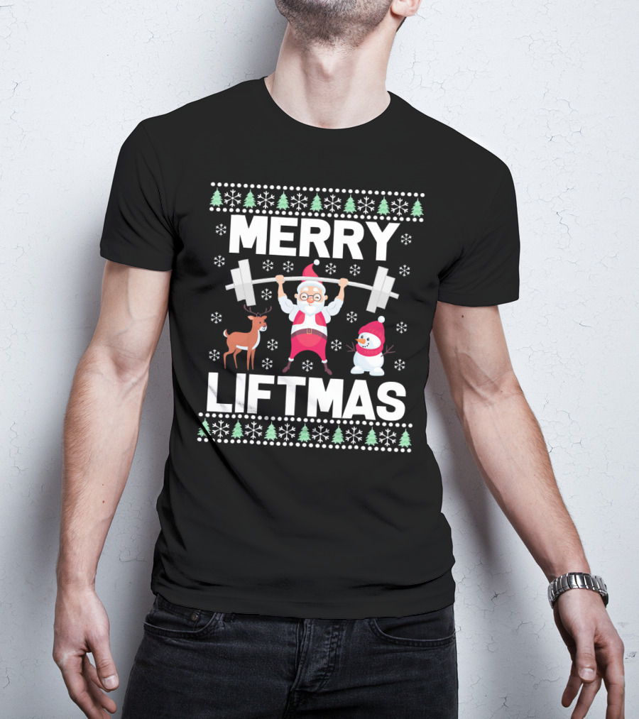 Merry Liftmas Santa Lifting Weights With Reindeer Snowman Christmas T-Shirt