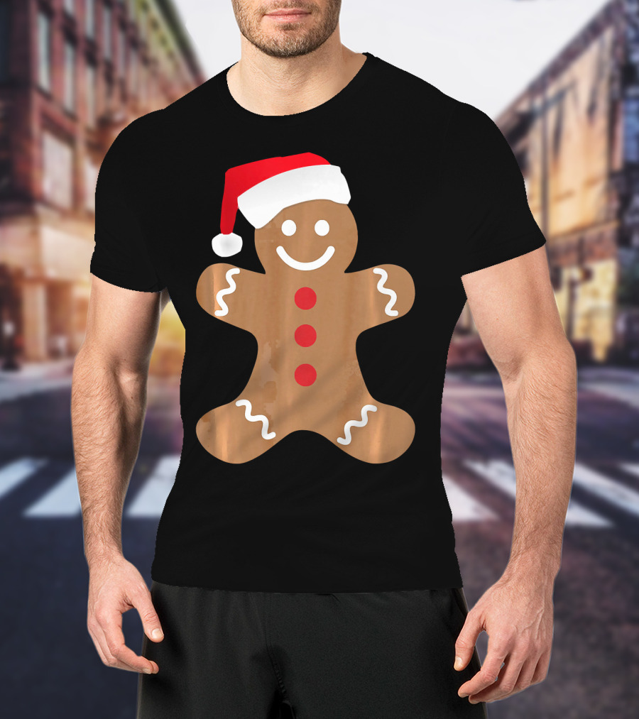Gingerbread Man With Santa Hat Christmas T-Shirt