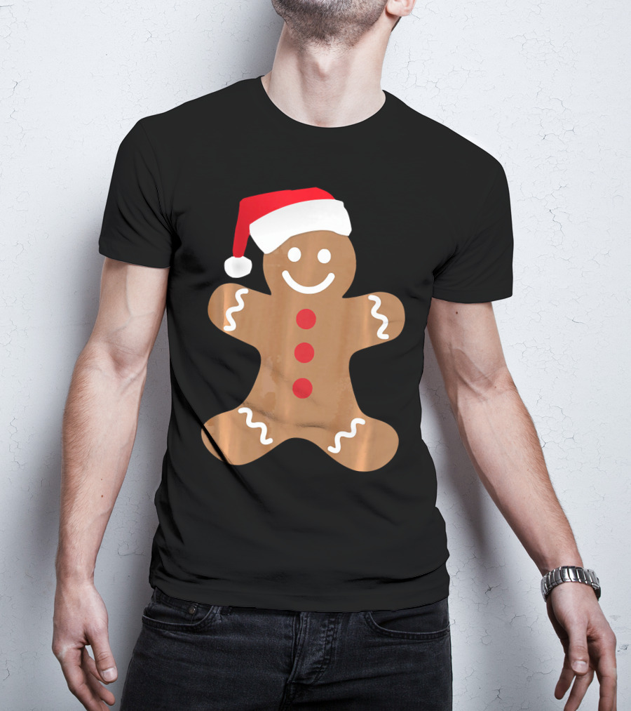 Gingerbread Man With Santa Hat Christmas T-Shirt