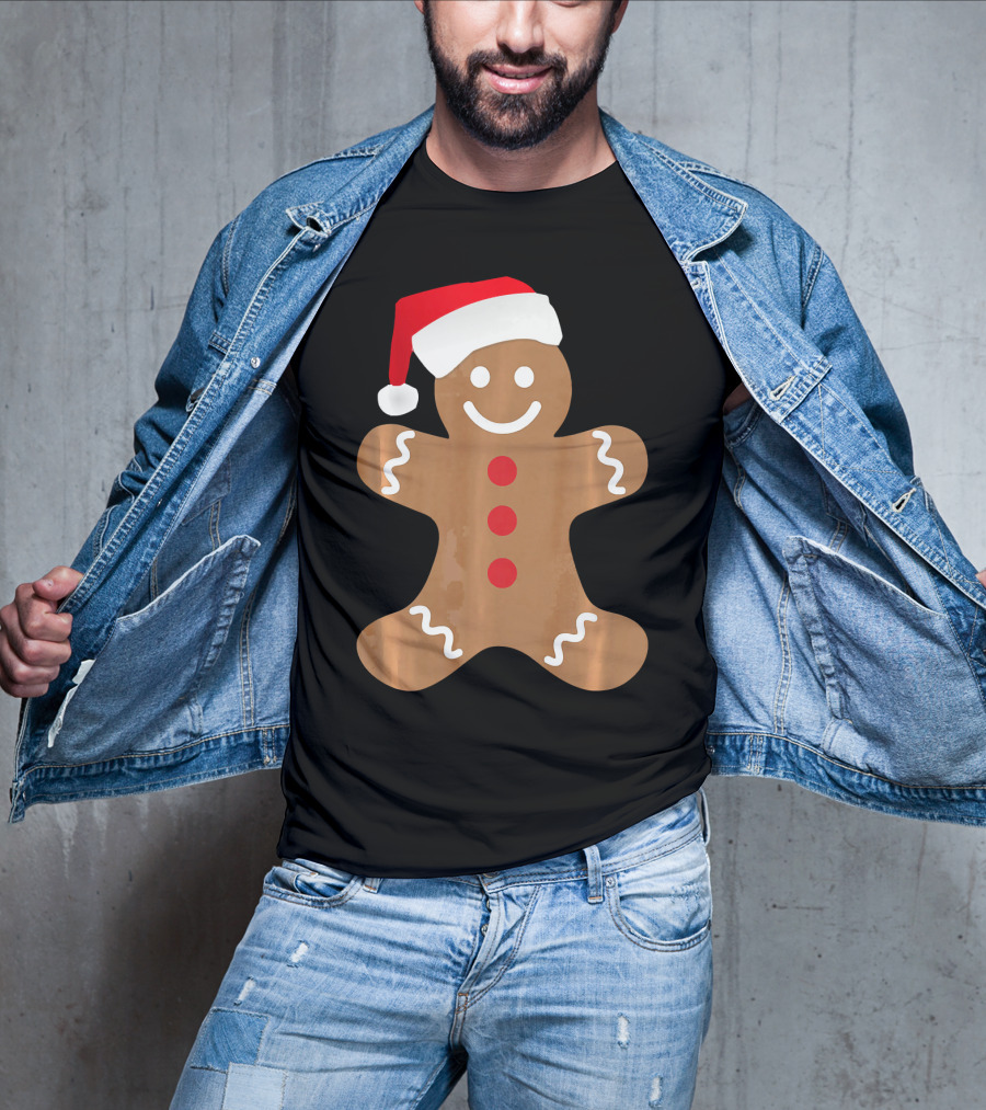 Gingerbread Man With Santa Hat Christmas T-Shirt