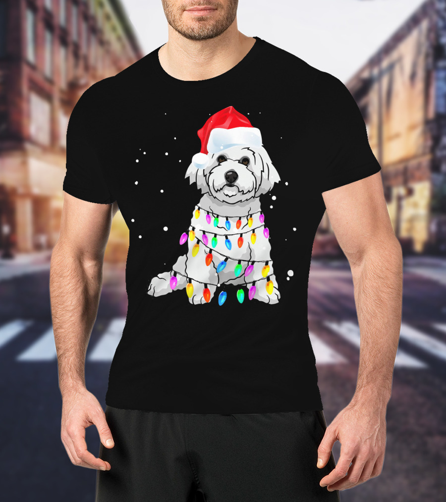 Bichon Frise With Christmas Lights And Santa Hat T-Shirt