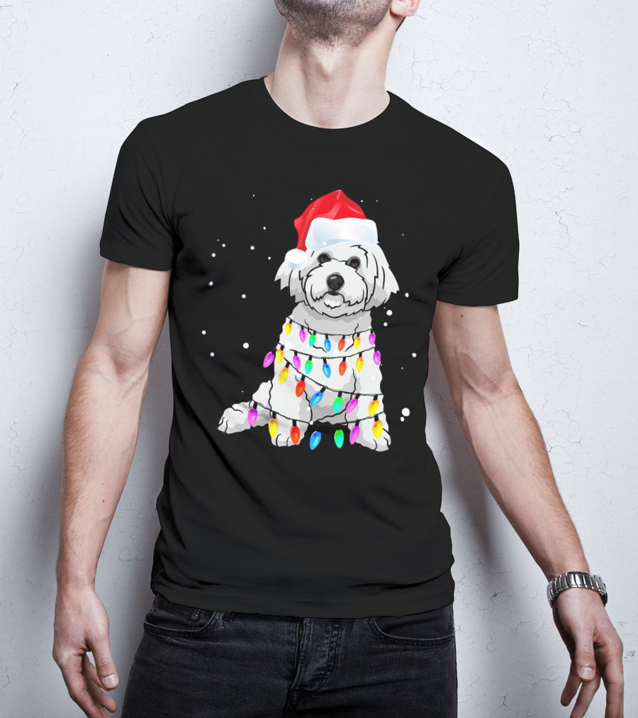 Bichon Frise With Christmas Lights And Santa Hat T-Shirt