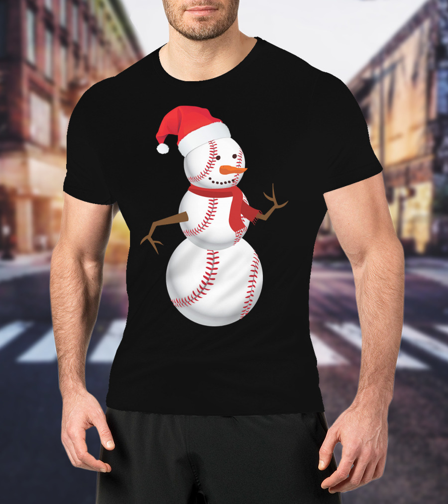 Snowman Made Of Baseballs With Santa Hat And Scarf T-Shirt