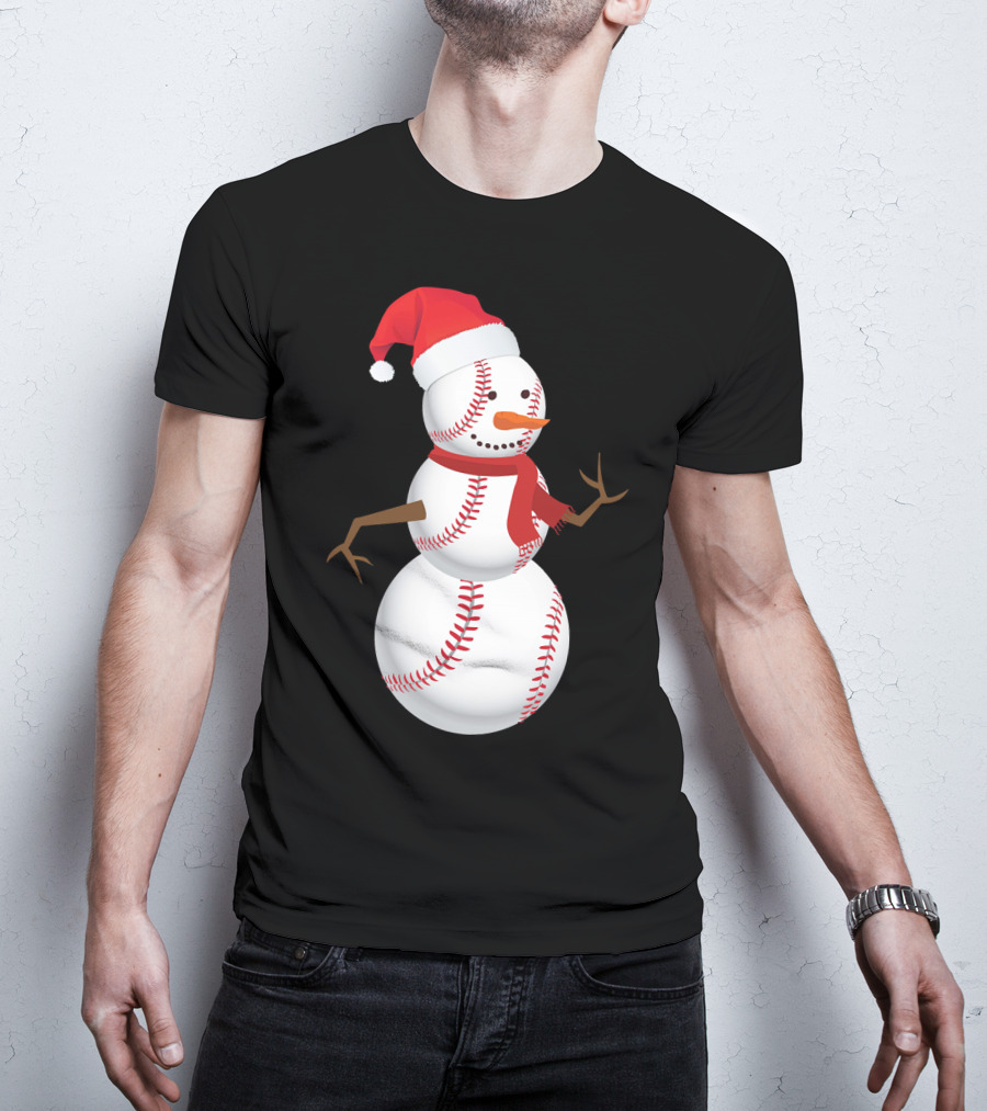 Snowman Made Of Baseballs With Santa Hat And Scarf T-Shirt