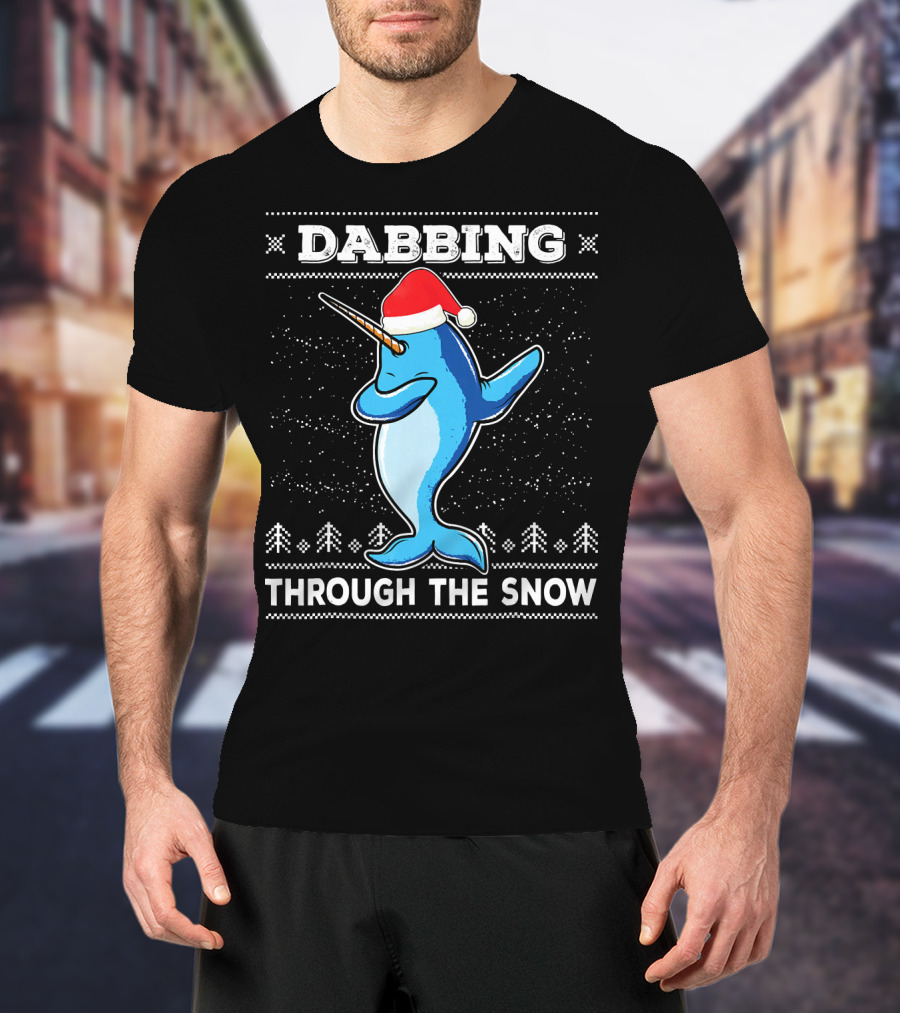 Dabbing Through The Snow Narwhal With Santa Hat T-Shirt
