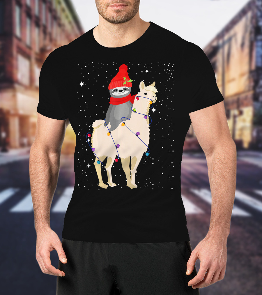 Sloth In Red Beanie And Scarf Riding Llama With Christmas Lights T-Shirt