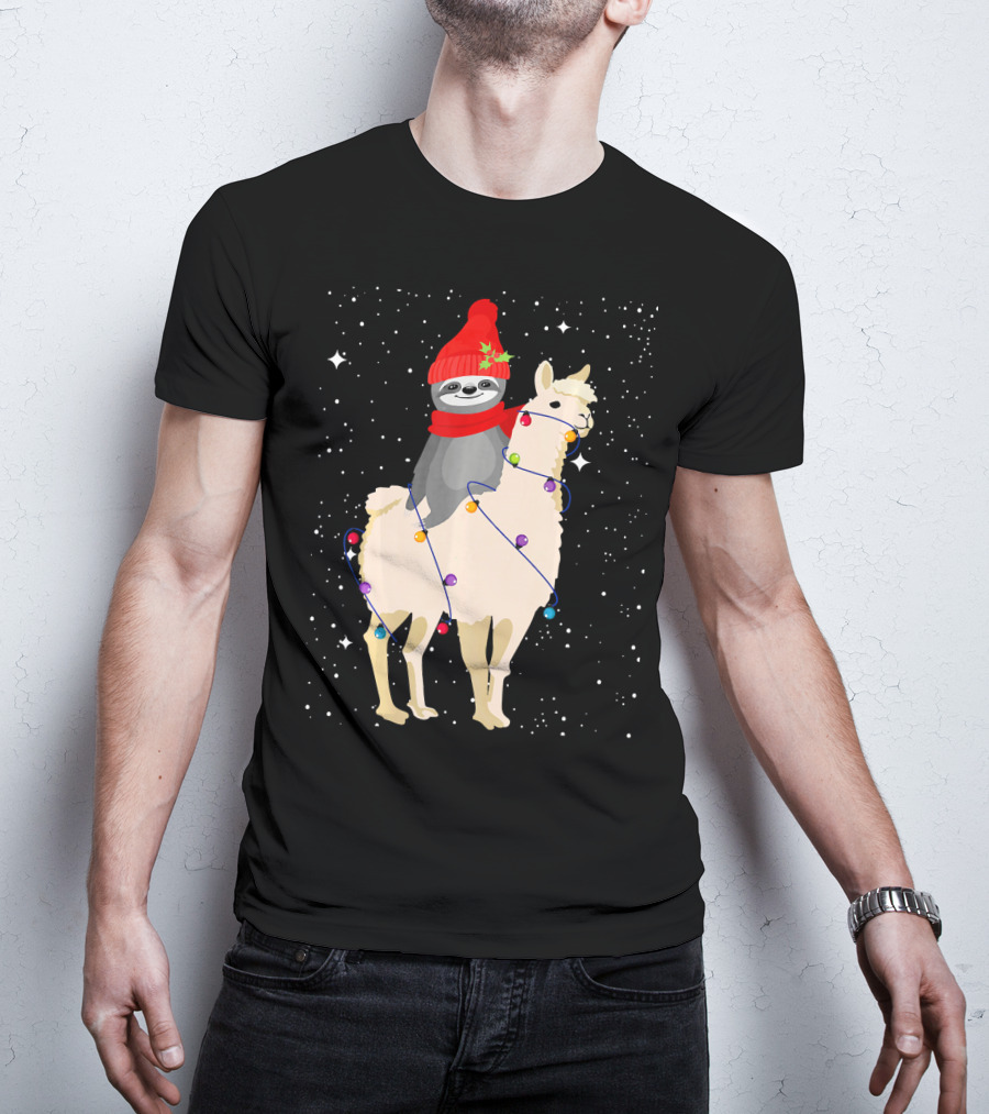 Sloth In Red Beanie And Scarf Riding Llama With Christmas Lights T-Shirt