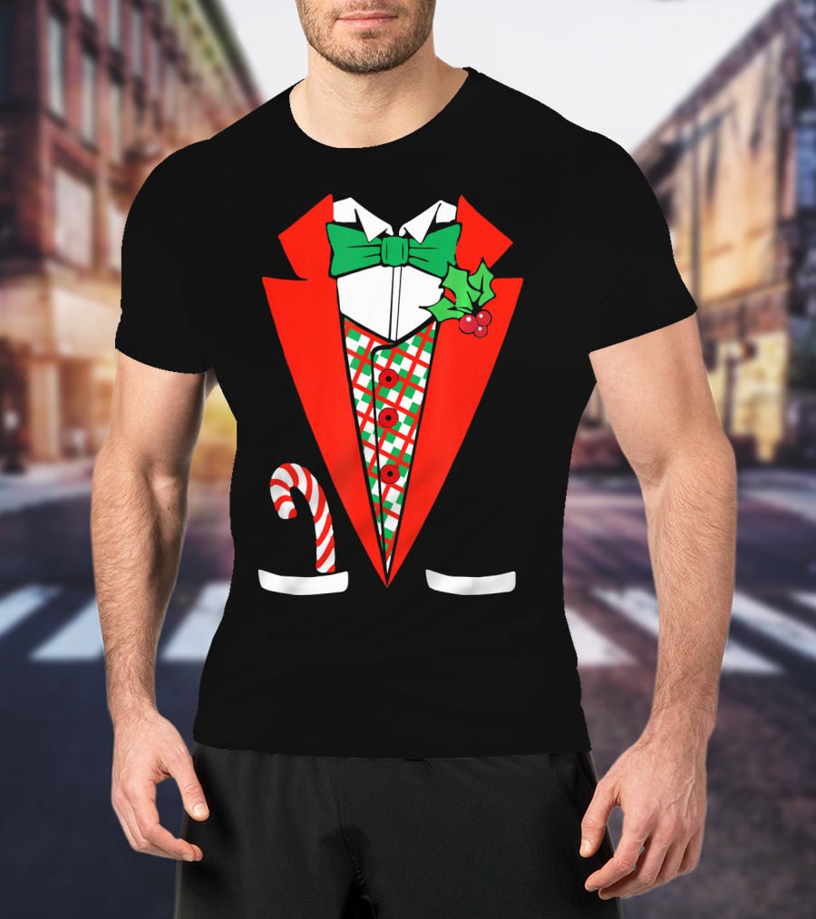 Candy Cane Green Red Tuxedo With Holly Bow Tie T-Shirt