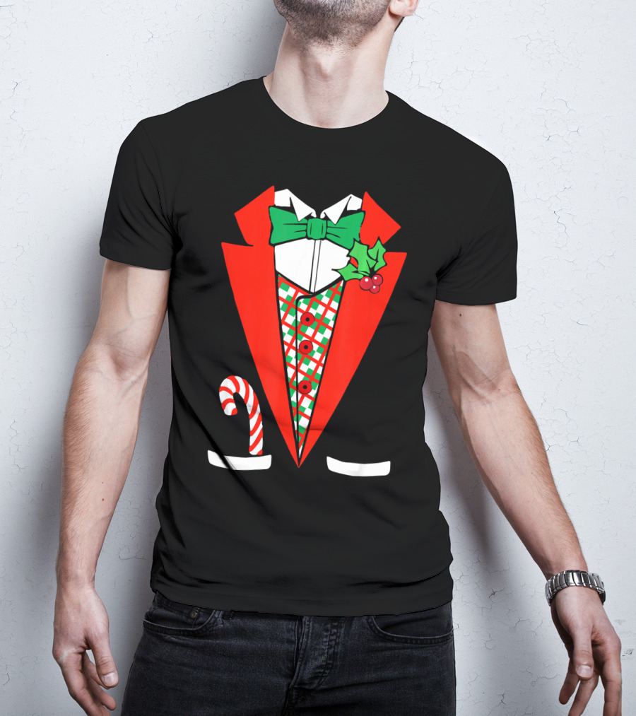 Candy Cane Green Red Tuxedo With Holly Bow Tie T-Shirt