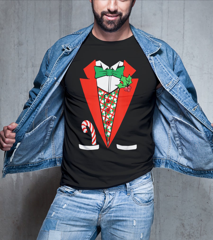 Candy Cane Green Red Tuxedo With Holly Bow Tie T-Shirt