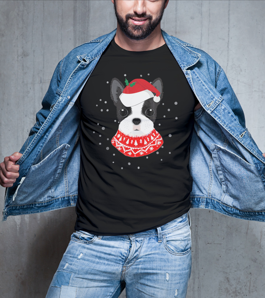 Boston Terrier In Santa Claus Hat With Festive Sweater And Snowflakes T-Shirt