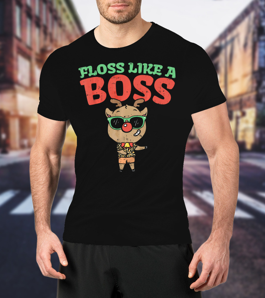 Funky Reindeer Floss Like A Boss In Shades And Festive Attire T-Shirt