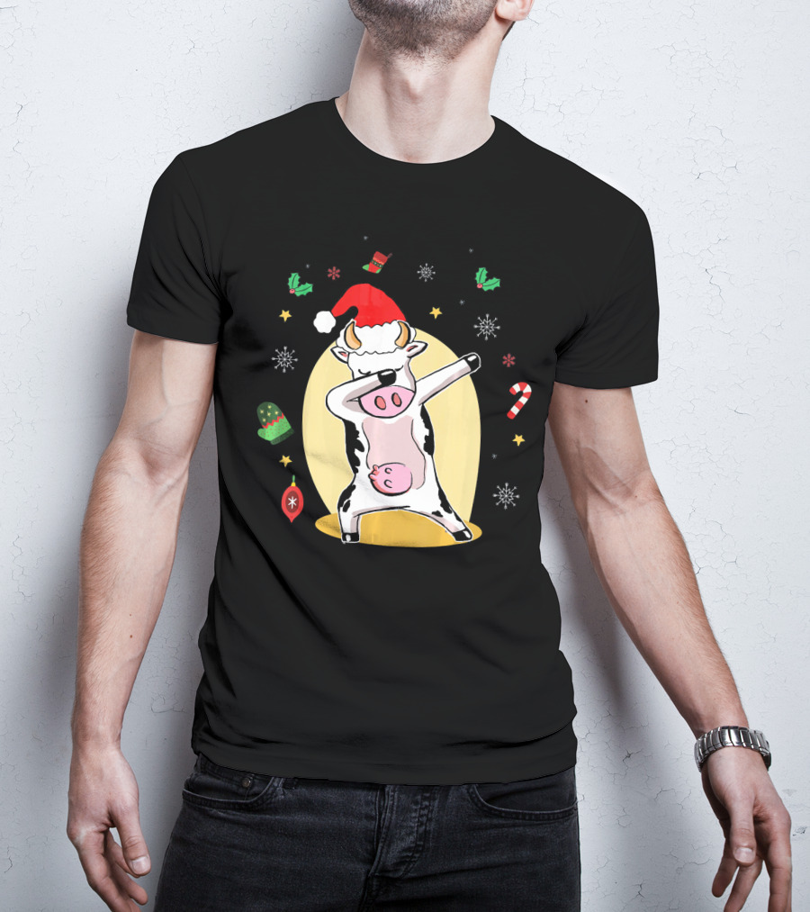 Cute Cow Dabbing Merry Santa Hat Christmas Candy Cane Snowflakes T-Shirt