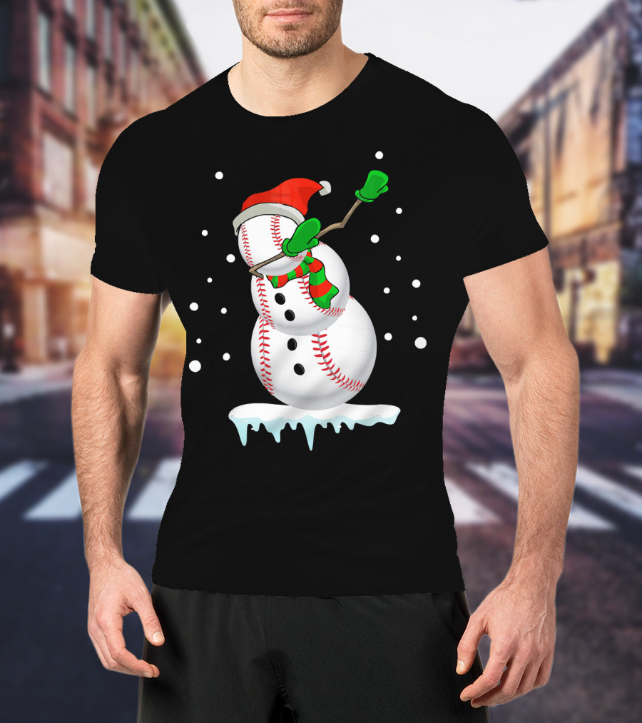 Dabbing Snowman Baseball Christmas Fun T-Shirt