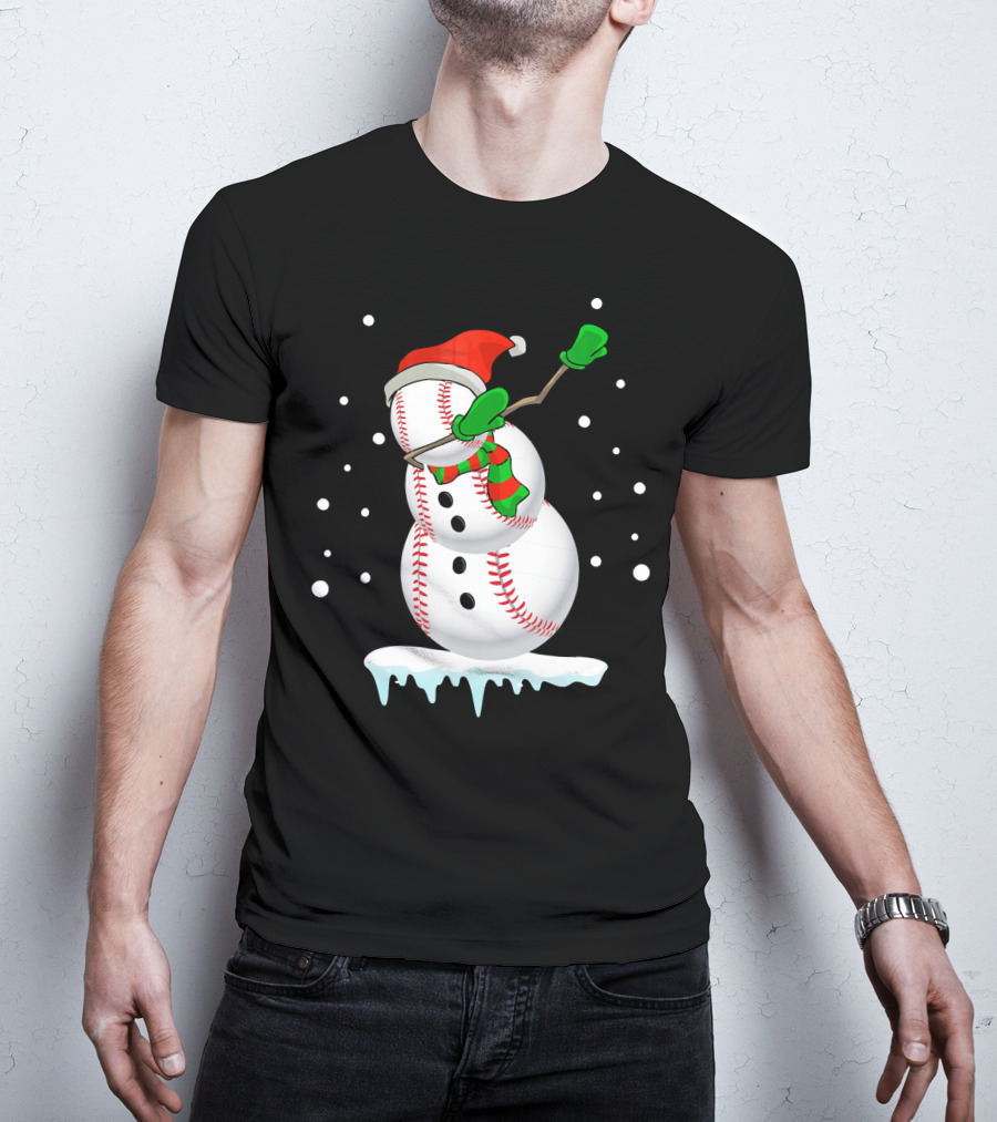 Dabbing Snowman Baseball Christmas Fun T-Shirt