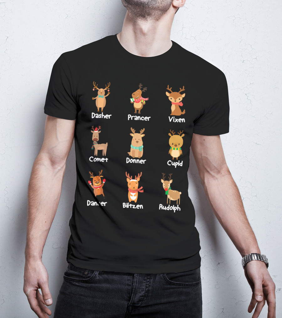 Santa's Reindeer Dasher Prancer Vixen Comet Donner Cupid Dancer Blitzen Rudolph Merry T-Shirt