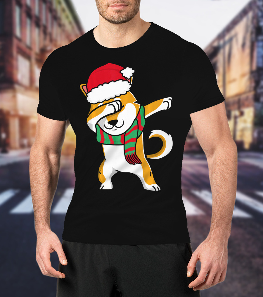 Dabbing Shiba Dog Christmas Santa Hat Scarf T-Shirt