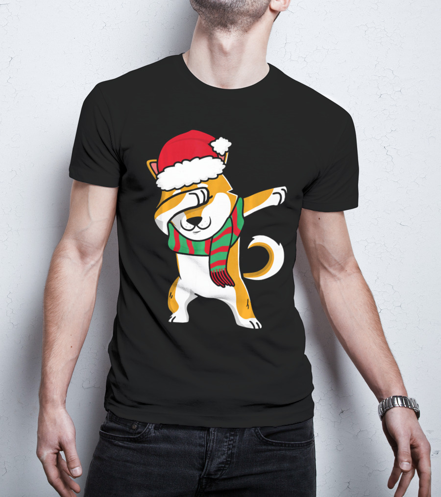 Dabbing Shiba Dog Christmas Santa Hat Scarf T-Shirt
