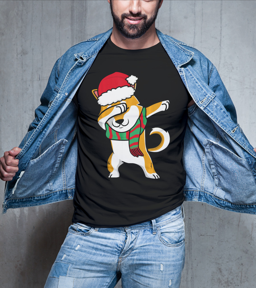 Dabbing Shiba Dog Christmas Santa Hat Scarf T-Shirt