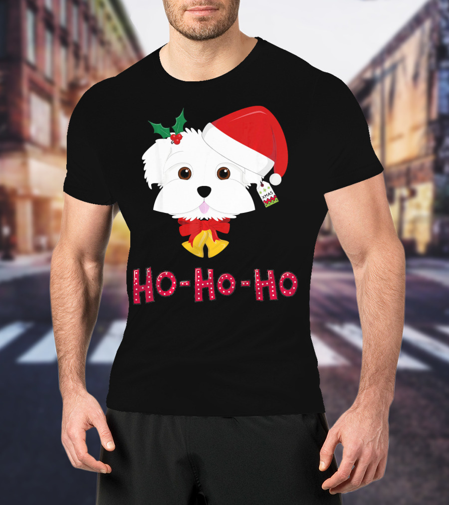 Maltese Dog In Santa Hat With Holly And Ho-Ho-Ho Text T-Shirt