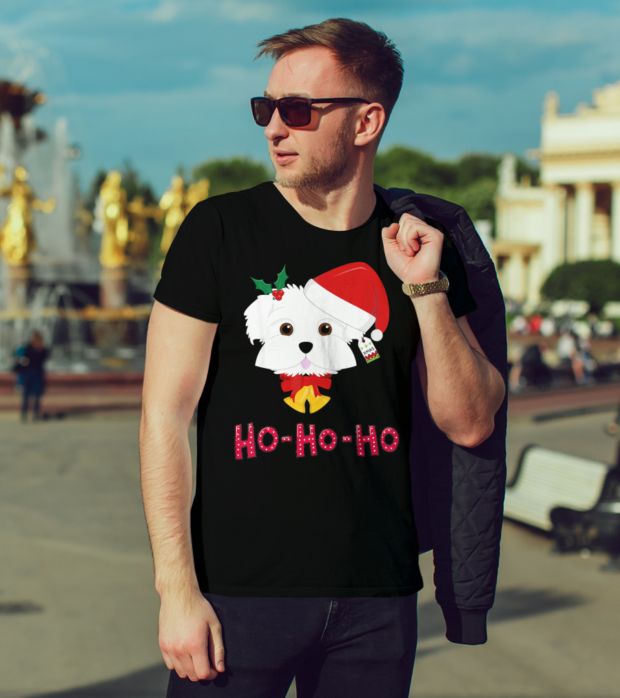 Maltese Dog In Santa Hat With Holly And Ho-Ho-Ho Text T-Shirt