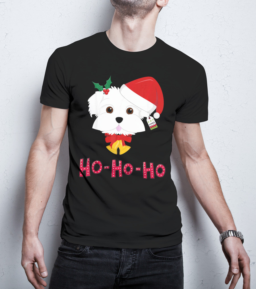 Maltese Dog In Santa Hat With Holly And Ho-Ho-Ho Text T-Shirt