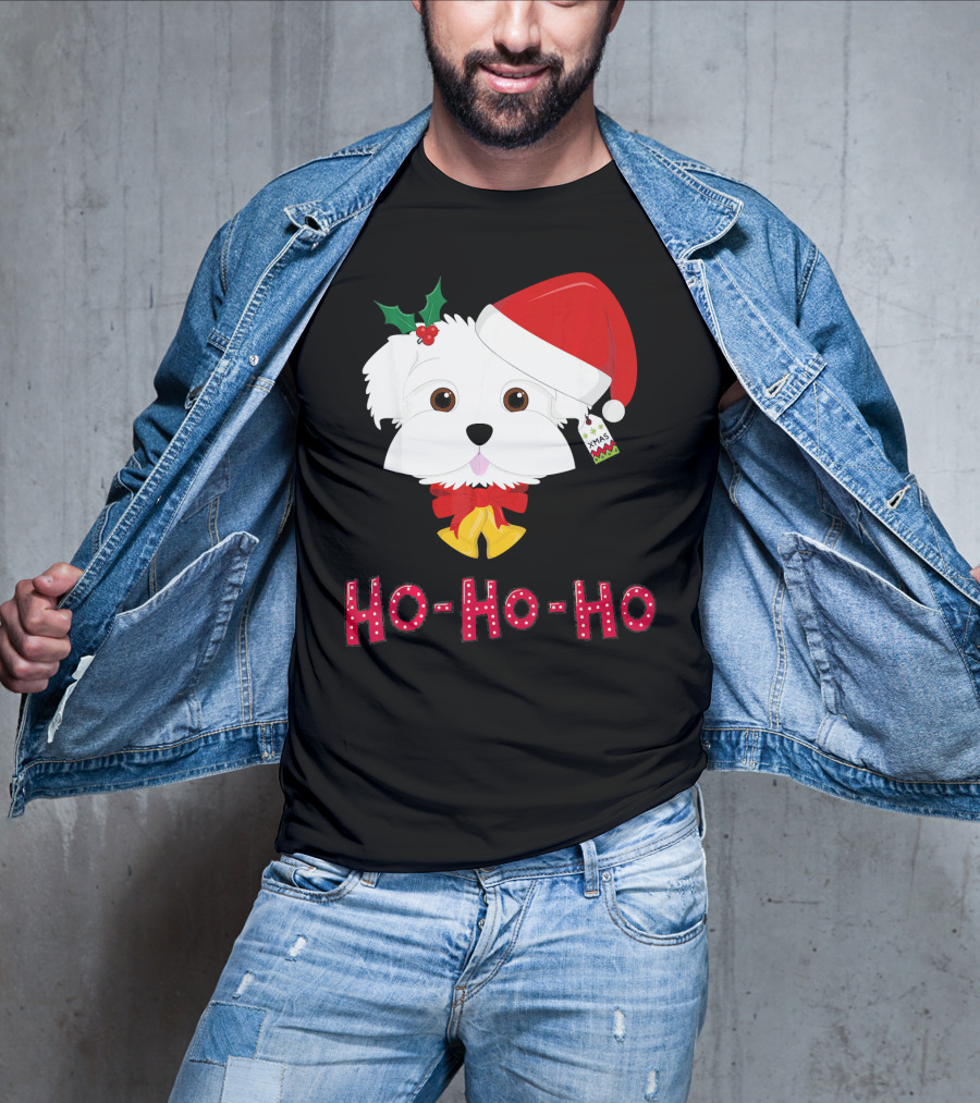 Maltese Dog In Santa Hat With Holly And Ho-Ho-Ho Text T-Shirt